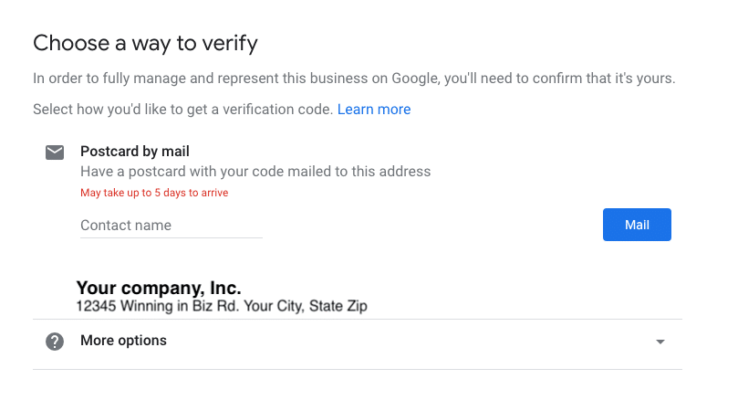 Postcard verification for Google My Business